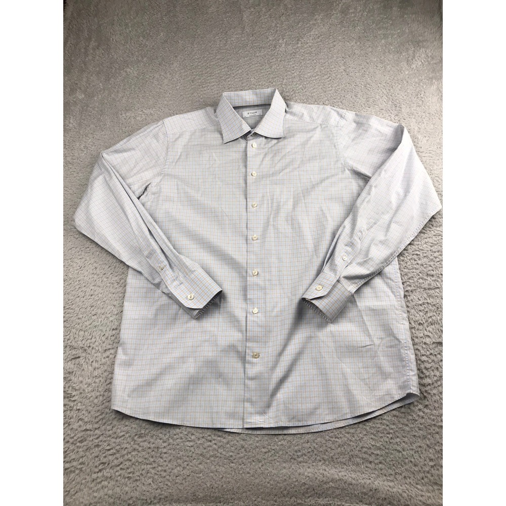 Eton Dress Shirt Mens 44 17.5 Blue Tan Plaid Contemporary Fit Long Sleeve Cotton